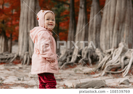 Cute child girl walking and playing in a autumnal forest. Little girl in warm clothes walks in the park Cute child girl walking and playing in a autumnal forest. Little girl in warm clothes walks in the park 108539769