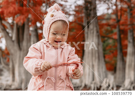 Cute child girl walking and playing in a autumnal forest. Little girl in warm clothes walks in the park Cute child girl walking and playing in a autumnal forest. Little girl in warm clothes walks in the park 108539770