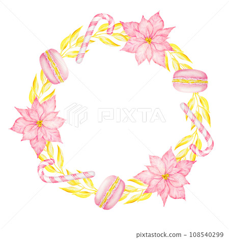 Pink poinsettia, gold branches, New Year's candy canes, macarons. Watercolor hand drawn wreath with Christmas star. Winter symbol for holiday season prints, greeting cards, banner, invitations, poster 108540299