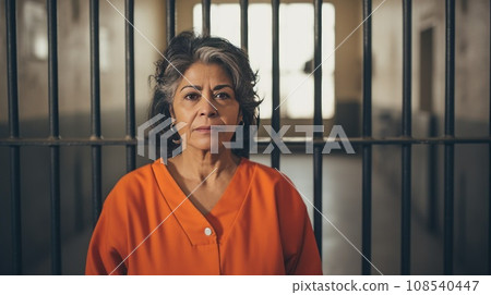 A middle-aged Mexican female prisoner in an orange uniform against a background of metal bars looks at the camera. A middle-aged Mexican female prisoner in an orange uniform against a background of metal bars looks at the camera. 108540447
