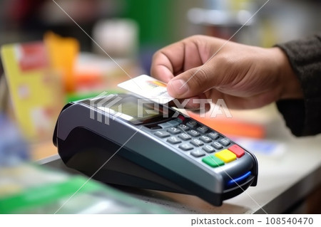Man applies credit card to portable terminal to make contactless payment for purchase in store Man applies credit card to portable terminal to make contactless payment for purchase in store 108540470