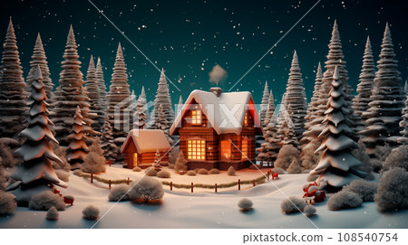Winter village landscape with pine forest. Small fairy-tale house covered with snow. Winter village landscape with pine forest. Small fairy-tale house covered with snow. 108540754