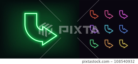 Outline bended neon arrow icon set. Glowing neon curved arrow pointer, bent arrowhead sign. Rounded arrow, turning cursor, bended navigation pointer, rotate motion direction. Vector icon set 108540932