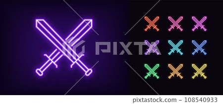 Outline neon sword battle icon. Glowing neon crossed swords sign, gaming battle arena. Royal sword fight, gladiator battle, steel weapon, game medieval civilization with warrior clash. Vector icon set Outline neon sword battle icon. Glowing neon crossed swords sign, gaming battle arena. Royal sword fight, gladiator battle, steel weapon, game medieval civilization with warrior clash. Vector icon set 108540933