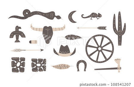 Ethnic boho aztec elements set. Western native folk shapes of wheel, bird, snake, flowers, moon. 108541207