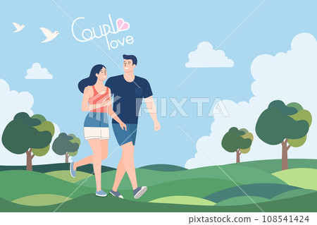 Couple walking in the park on spring or summer landscape, love and marriage Concept,married couple hikes together,hand drawn text elegant "Couple love". Love Vector illustration 108541424