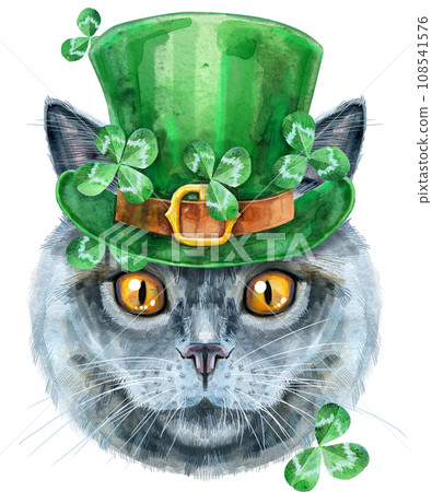 Lovely closeup portrait of British Shorthair in the classic color blue cat in a leprechaun hat. Hand drawn watercolor painting on white background Lovely closeup portrait of British Shorthair in the classic color blue cat in a leprechaun hat. Hand drawn watercolor painting on white background 108541576