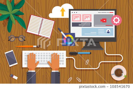 Man working on computer, human hands typing on keyboard, programmer, business analysis, web design, strategy. Monitor and presentation with graphics. Businessman workplace at table business banner Man working on computer, human hands typing on keyboard, programmer, business analysis, web design, strategy. Monitor and presentation with graphics. Businessman workplace at table business banner 108541670