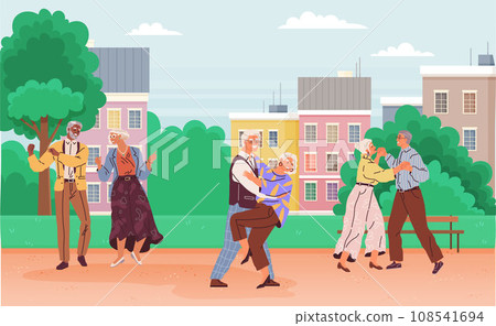 Old people dance at disco. Grandmother and grandfather entertainment. Happy elderly couple dancing, man and woman holding hands demonstrate dance movement in city park. Retirement activities concept Old people dance at disco. Grandmother and grandfather entertainment. Happy elderly couple dancing, man and woman holding hands demonstrate dance movement in city park. Retirement activities concept 108541694