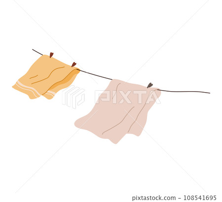 Washed clothes, towels dry outside on stretched rope. Clothing and garment care, housekeeping concept. Professional cleaning of apparel. Drying laundry on clothesline isolated on white background Washed clothes, towels dry outside on stretched rope. Clothing and garment care, housekeeping concept. Professional cleaning of apparel. Drying laundry on clothesline isolated on white background 108541695