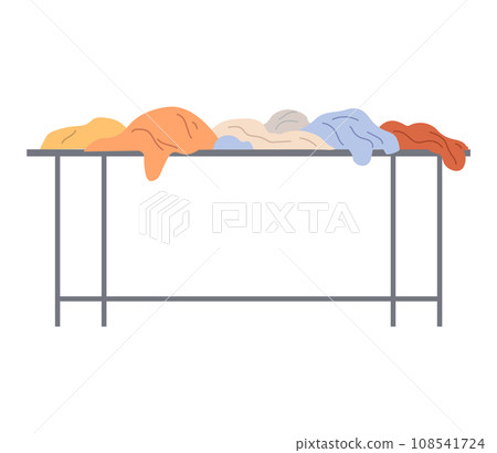 Clean textile, fabric, laundry on table vector illustration. Clothing and garment care, housekeeping concept. Washed dry clothes on ironing board. Professional cleaning of apparel, washing, ironing 108541724