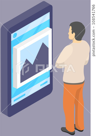 Man stands at big mobile phone. Person using internet on smartphone looks at image in application gallery. Guy hold telephone, looking at cellphone screen and texting, communicating in social media 108541766