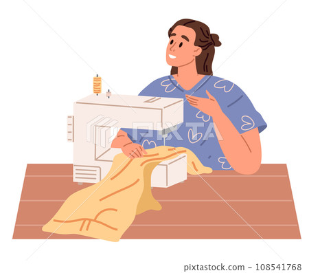 Young woman housewife working on sewing machine at home. Workplace of seamstress. Fashion designer, dressmaker. Needlework, hobbies, home leisure, housework. Girl sitting at desk with sewing machine 108541768