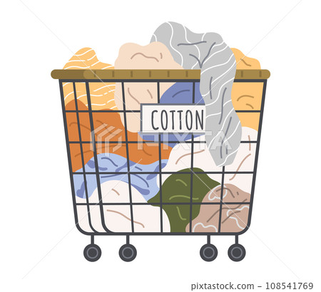 Dirty clothes, apparel heap in basket. Pile of cotton clothing, laundry vector illustration. Clothing and garment care, housekeeping concept. Basket with dirty textile, fabric or napkin for washing 108541769