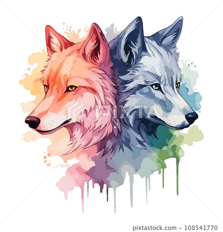 Wolf and fox watercolor heads. Forest wild animals print. Decorative artwork, friendship and loyalty metaphor. Animal portrait vector element 108541770