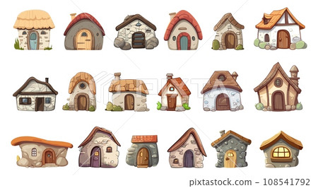 Stone tiny houses, fairytale buildings isolated cartoon icons. Medieval house for people, cute village architecture elements. Witch homes vector set Stone tiny houses, fairytale buildings isolated cartoon icons. Medieval house for people, cute village architecture elements. Witch homes vector set 108541792