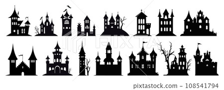 Spooky black castles silhouettes. Fairytale castle icons, isolated witch and evil wizard houses. Kingdom architecture buildings, magic vector clipart 108541794