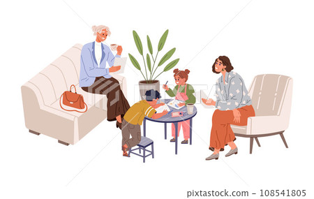 Adults and children in waiting hall. Rest and relaxation in cozy room. Women sitting on couch with newspaper, kids drawing. Interior design of house or hotel. People in hospital or at public laundry 108541805