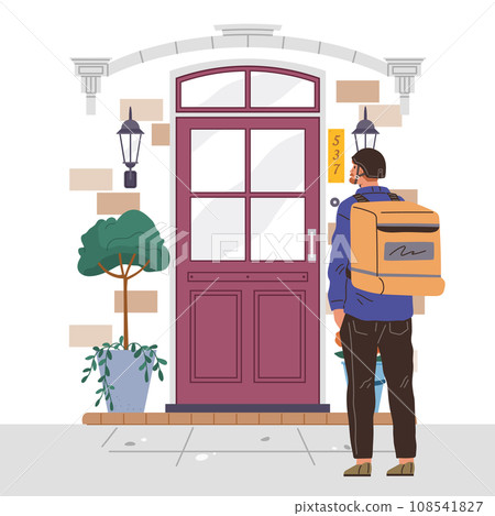 Delivery man with big box standing at clients front door. Courier shipping goods or food to costumers carrying backpack. Online delivery concept, online order tracking, home and office delivery Delivery man with big box standing at clients front door. Courier shipping goods or food to costumers carrying backpack. Online delivery concept, online order tracking, home and office delivery 108541827