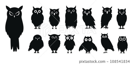 Black owls silhouettes. Isolated angry owl, wild forest birds collection. Flat decorative vector icons, simple abstract style Black owls silhouettes. Isolated angry owl, wild forest birds collection. Flat decorative vector icons, simple abstract style 108541834