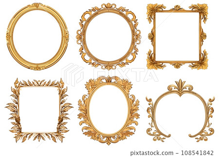 Vintage modern golden frame set. Luxury museum gold frames vector illustration, old wooden ornate decorative borders 108541842