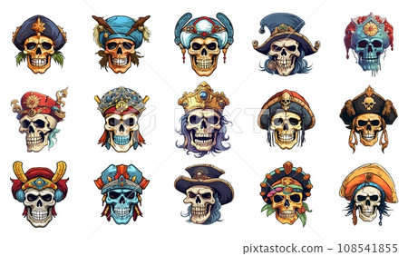 Pirates skulls. Pirate dead heads in cartoon color style, robinson captain king leader chumps isolated on white background 108541855