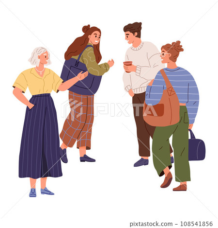 People talk when meet, friendly or work communication vector illustration. Cartoon men and women friends character talking, businessman and lady solve work task isolated on white. Business community 108541856
