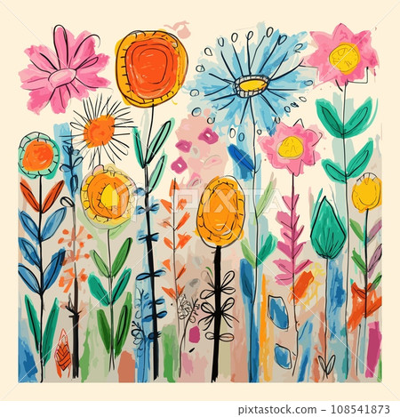 Kids doodle crayon painting flowers. Simple children decoration drawing, cute scribble color graphics Kids doodle crayon painting flowers. Simple children decoration drawing, cute scribble color graphics 108541873