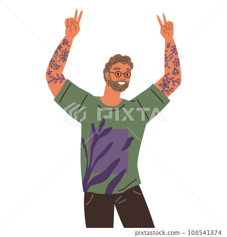 Smiling male character showing thumbs up, sign of approval or satisfaction. Isolated teenager wearing casual clothes, student communicating with gestures. Cool and okay, expressing agreement and claim 108541874