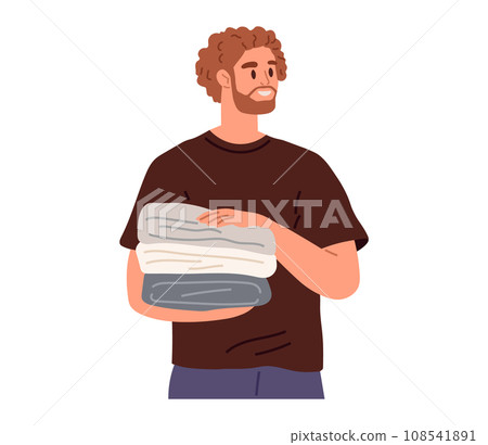 Man holding bathroom towels pile. Male character with stack of folded textile, fabric or napkins. Cotton face and body cloth washing. Clothes cleaning, launderying, housekeeping, garment care concept Man holding bathroom towels pile. Male character with stack of folded textile, fabric or napkins. Cotton face and body cloth washing. Clothes cleaning, launderying, housekeeping, garment care concept 108541891