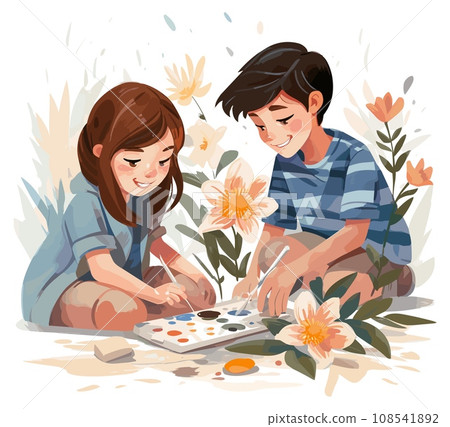 Children draw. Boy and girl enthusiastically color flowers, watercolor cartoon style vector illustration Children draw. Boy and girl enthusiastically color flowers, watercolor cartoon style vector illustration 108541892
