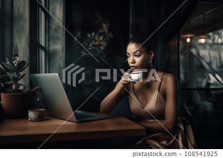 Woman Laptop Working Cafe, Freelancer Student Computer Coffee Shop, Female Looking at Camera Table Work Environment. Generative AI. 108541925