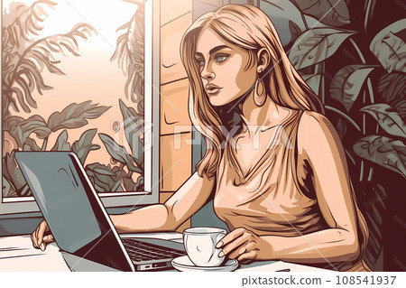 Woman Working on Laptop Drawing. Generative AI. 108541937