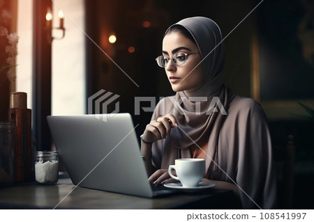 Hijabi woman video conferencing at cafe. Generative AI. Hijabi woman video conferencing at cafe. Generative AI. 108541997