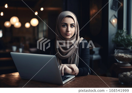 Hijab-Clad Businesswoman Working at Coffee Shop, Muslim Woman Entrepreneur with Laptop in Cafe, Professional Female in Hijab Remote Working. Generative AI. 108541999