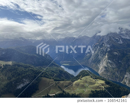 View of Koenigssee and Watzmann, Berchtesgaden National Park, Berchtesgaden Alps, Schoenau am Koenigssee, Berchtesgadener Land, Bavaria, Germany, Europe 108542161
