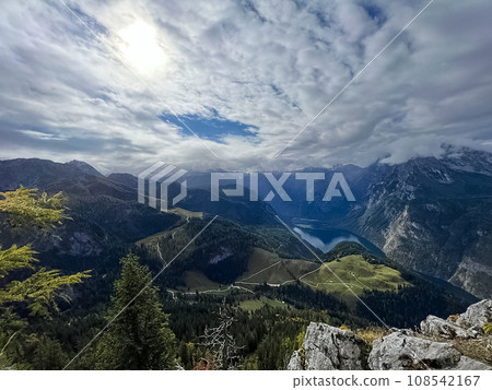 View of Koenigssee and Watzmann, Berchtesgaden National Park, Berchtesgaden Alps, Schoenau am Koenigssee, Berchtesgadener Land, Bavaria, Germany, Europe 108542167