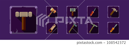 Mobile Game Icon and Object with Hammer and Screwdriver Tool Vector Set 108542372