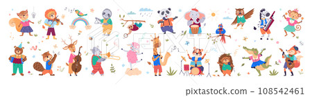 Musical animals collection. Cute cartoon music character. Musical animals set. Animal music band play jazz on sound instrument. Childish party orchestra. Funny kid dance poster celebration background 108542461