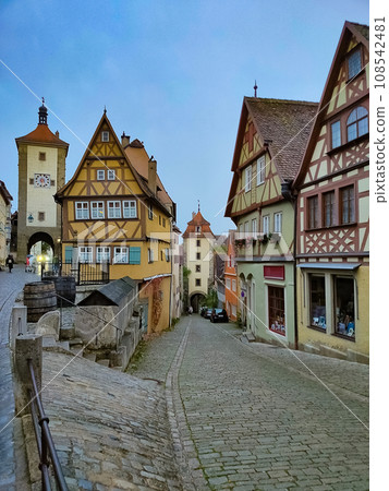 The facades of historical building at Rothenburg ob der Tauber where is the fortified city at Germany. 108542481