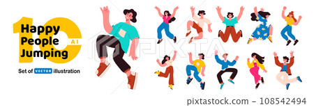 Happy people jump. Person fly vector illustration. Happy people jump set. Young character energy pose. Student joy. Happy youth man and woman. Happy jumping people celebrating event and freedom dance. 108542494