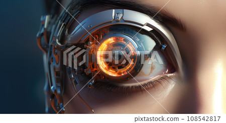 Close up of a sci-fi cyborg eye. Futuristic human eye technology - digital iris 108542817