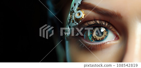 Close up of a sci-fi cyborg eye. Futuristic human eye technology - digital iris Close up of a sci-fi cyborg eye. Futuristic human eye technology - digital iris 108542819
