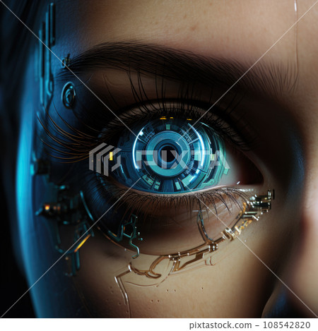 Close up of a sci-fi cyborg eye. Futuristic human eye technology - digital iris Close up of a sci-fi cyborg eye. Futuristic human eye technology - digital iris 108542820