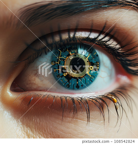 Close up of a sci-fi cyborg eye. Futuristic human eye technology - digital iris Close up of a sci-fi cyborg eye. Futuristic human eye technology - digital iris 108542824