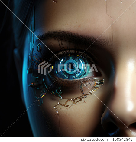 Close up of a sci-fi cyborg eye. Futuristic human eye technology - digital iris Close up of a sci-fi cyborg eye. Futuristic human eye technology - digital iris 108542843