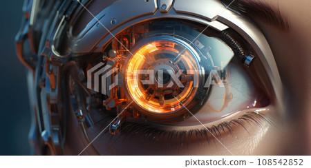Close up of a sci-fi cyborg eye. Futuristic human eye technology - digital iris 108542852