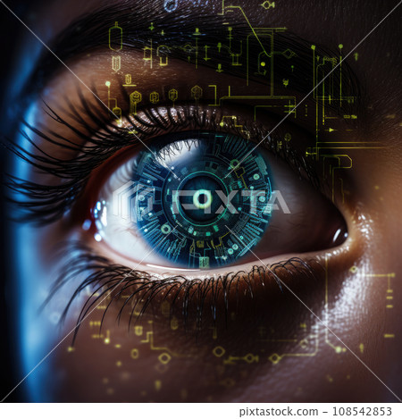 Close up of a sci-fi cyborg eye. Futuristic human eye technology - digital iris Close up of a sci-fi cyborg eye. Futuristic human eye technology - digital iris 108542853