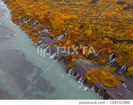 Aerial top view of Hraunfossar waterfall in autumn fall season in Iceland. Famous nature landscape background 108542960