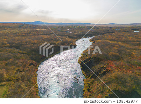 Aerial top view of Bruarfoss waterfall in autumn season in Iceland. Famous nature landscape background 108542977
